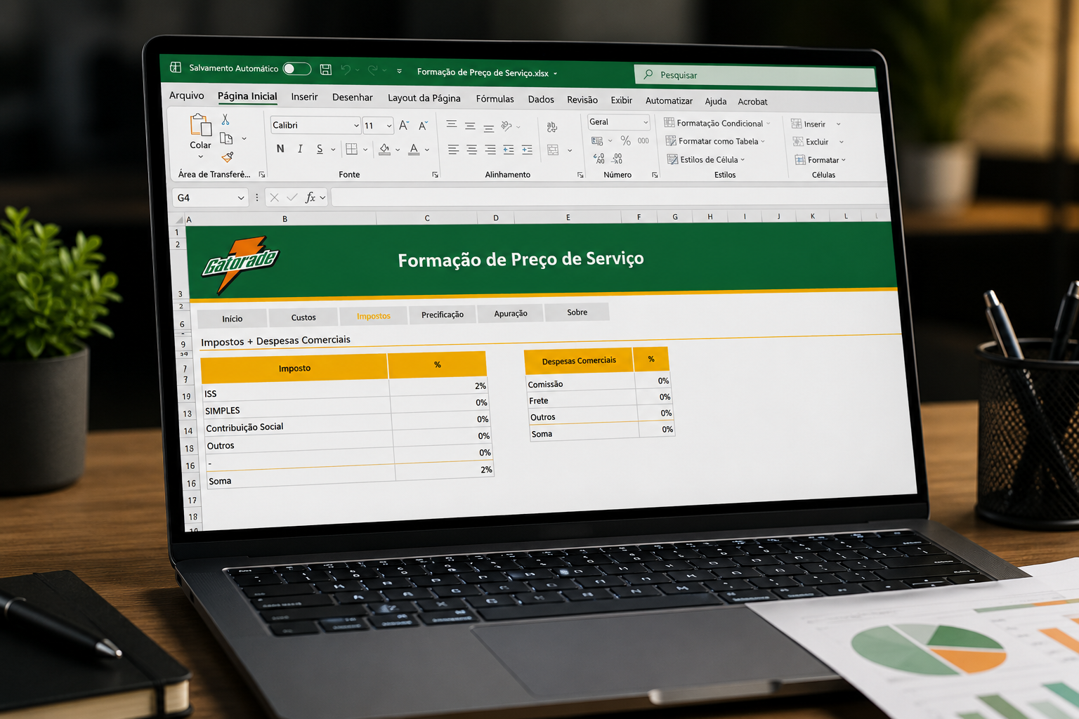 Planilha de formação de preço de serviço criada no Excel em sala de aula