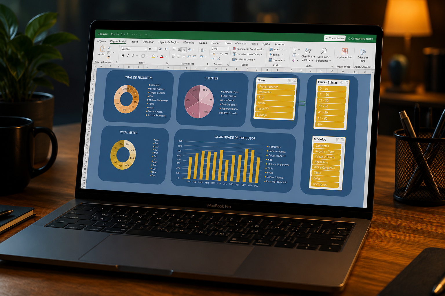 Dashboard de estoque com filtros dinâmicos criado no Excel em sala de aula