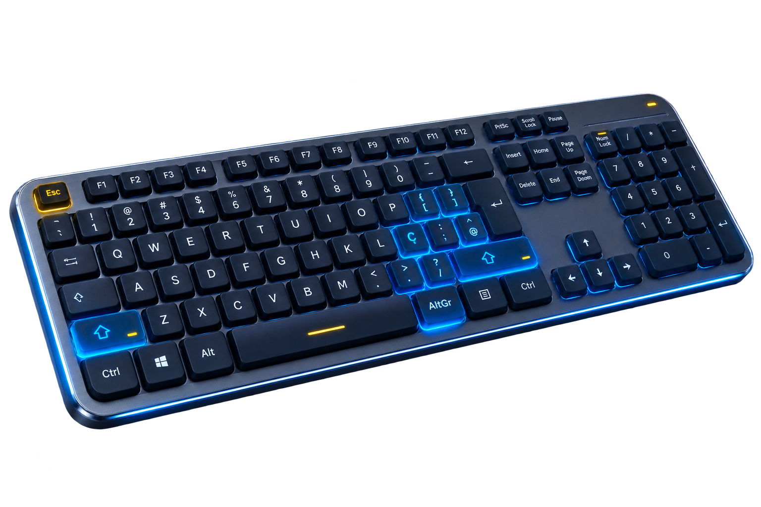 Teclado moderno destacando acentos, símbolos e a tecla AltGr