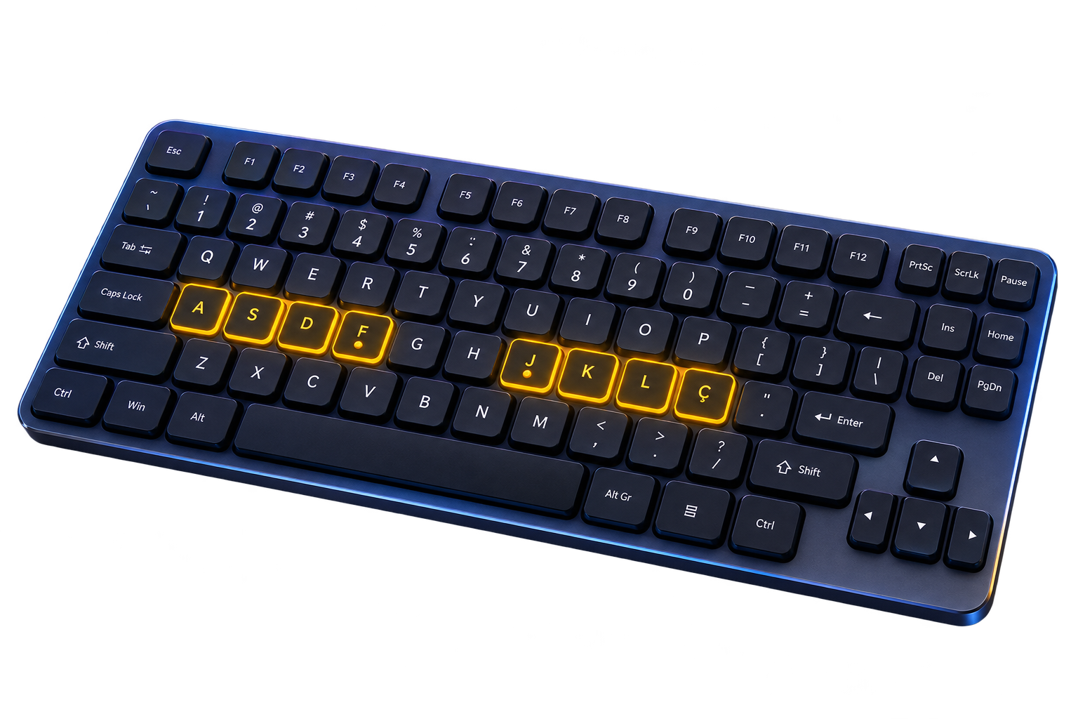 Teclado moderno com as teclas da linha central iluminadas